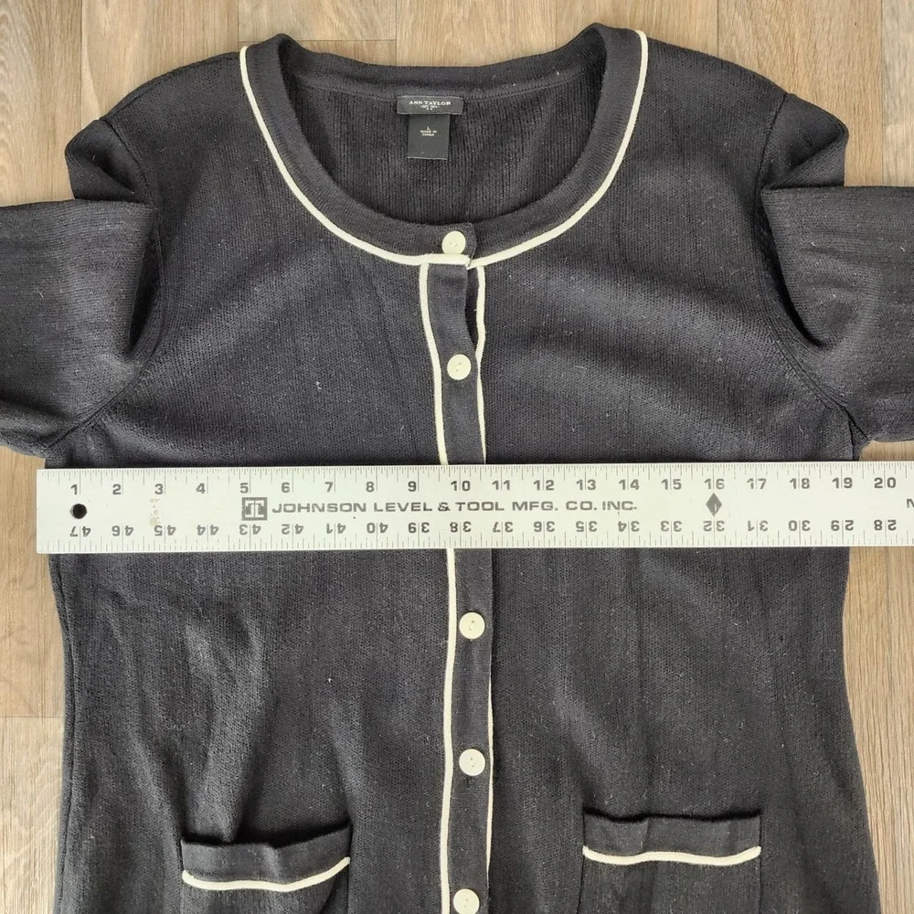 Ann Taylor Womens Black White Trim Cotton Knit Button Cardigan Sweater Large